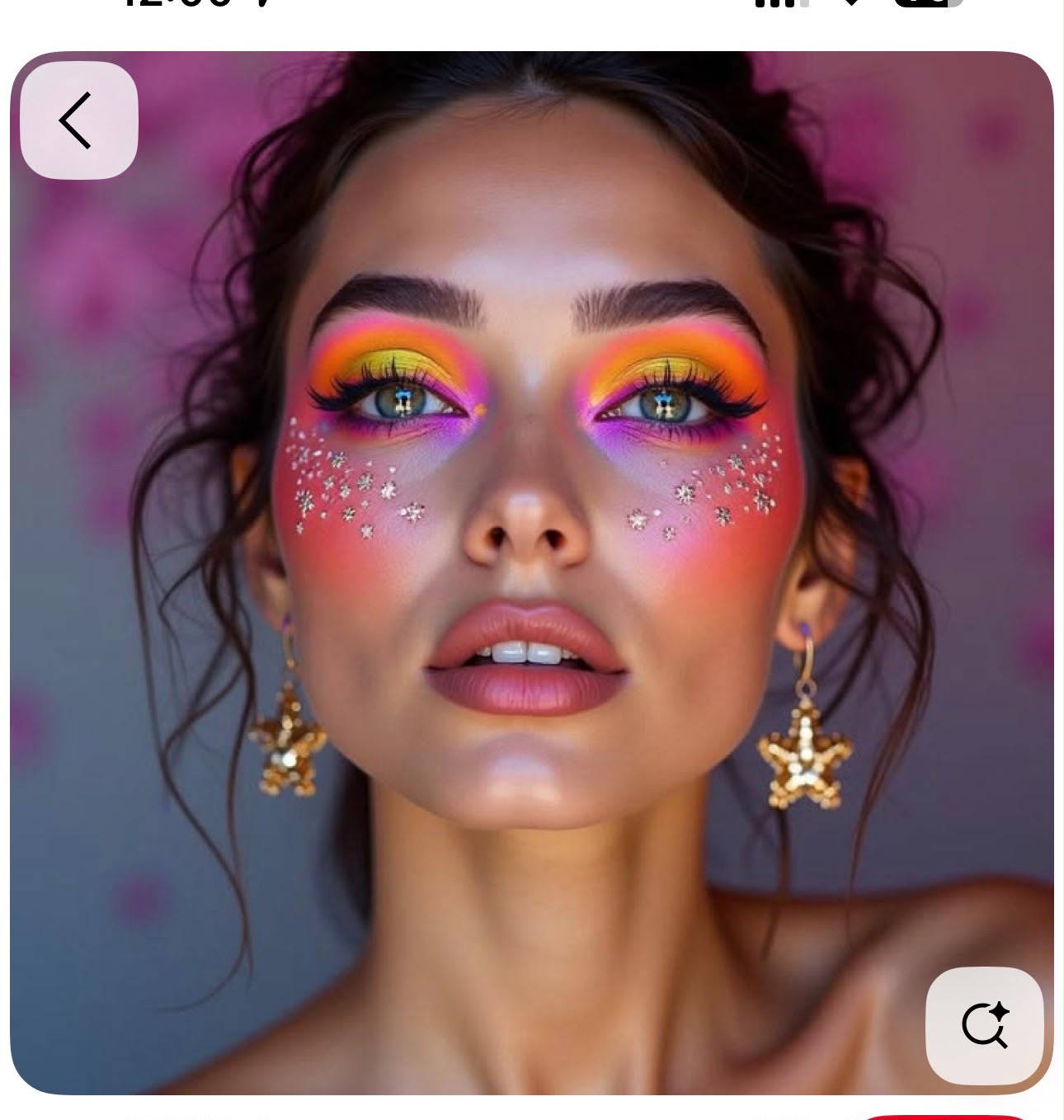 Sombra de ojos naranja y amarillo neón con pecas de glitter en forma de estrella y aretes de estrella dorada