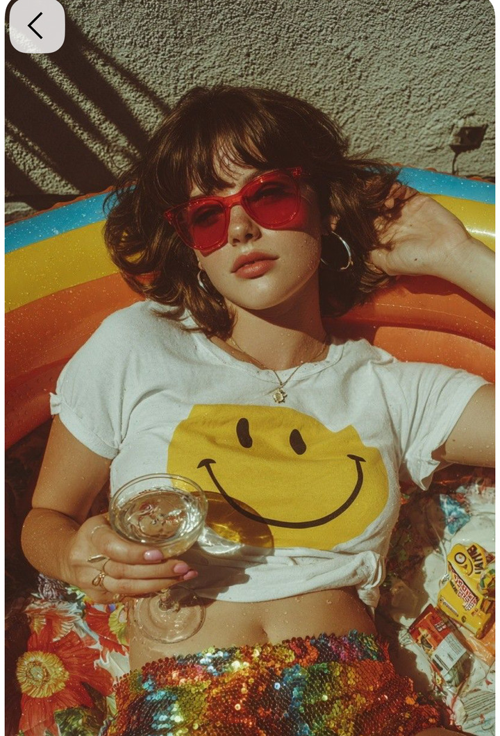 Mujer junto a la piscina con camiseta de carita feliz y shorts de lentejuelas arcoíris