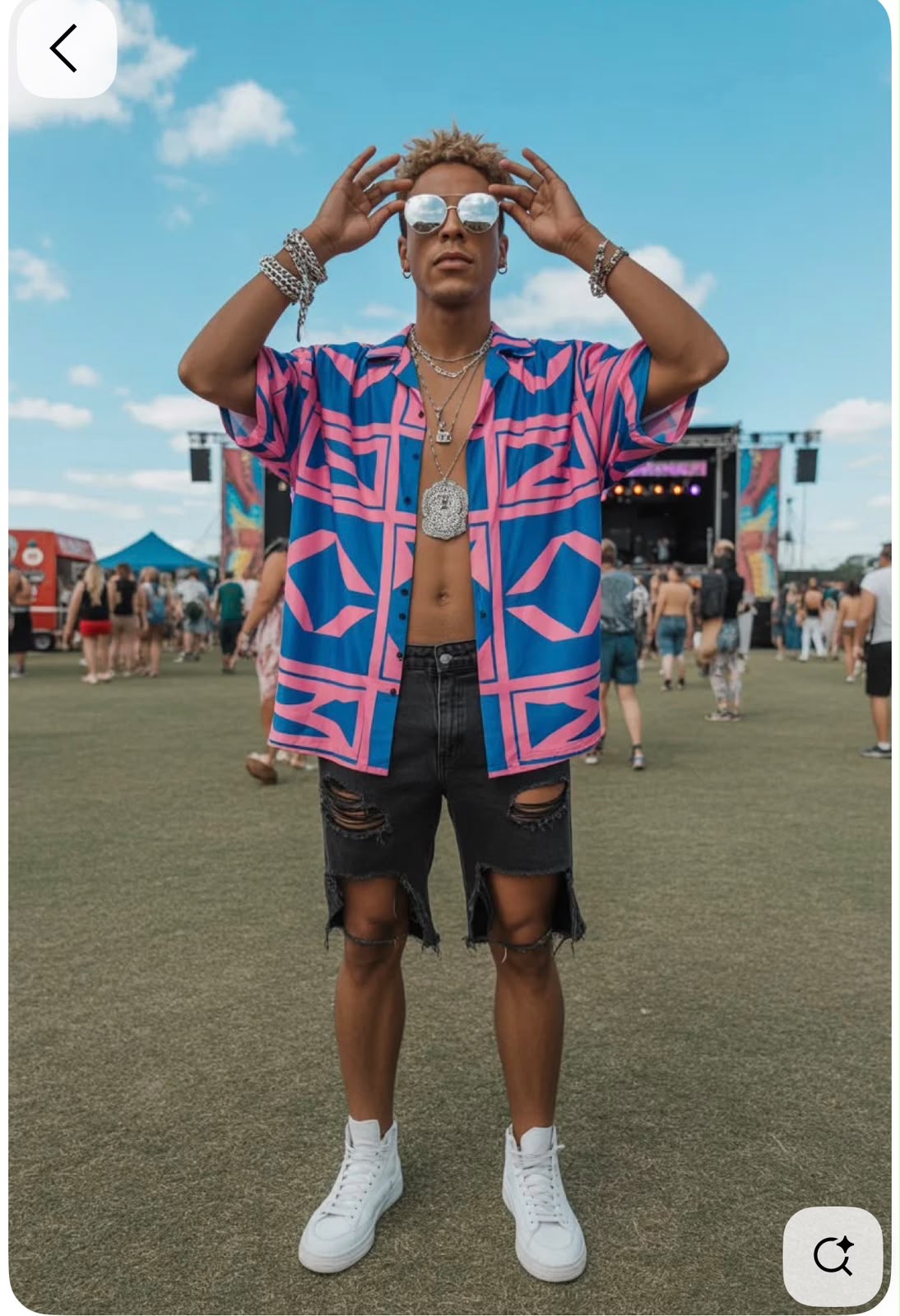 Hombre en un festival con camisa abierta de estampado geométrico rosa y azul, cadenas plateadas y shorts rotos