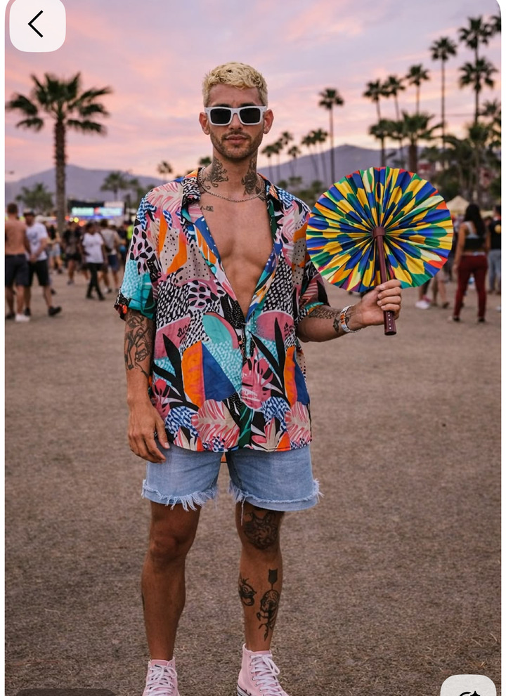 Hombre con camisa abierta de estampado llamativo sosteniendo un abanico arcoíris