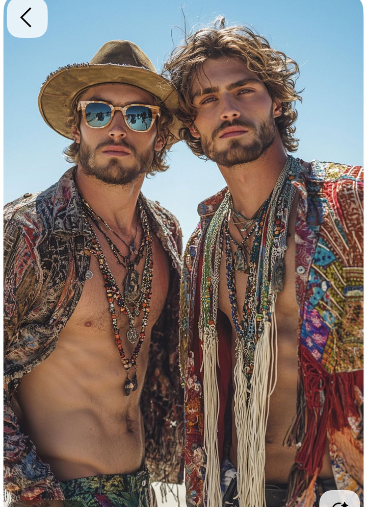 Dos hombres con looks boho de festival por capas