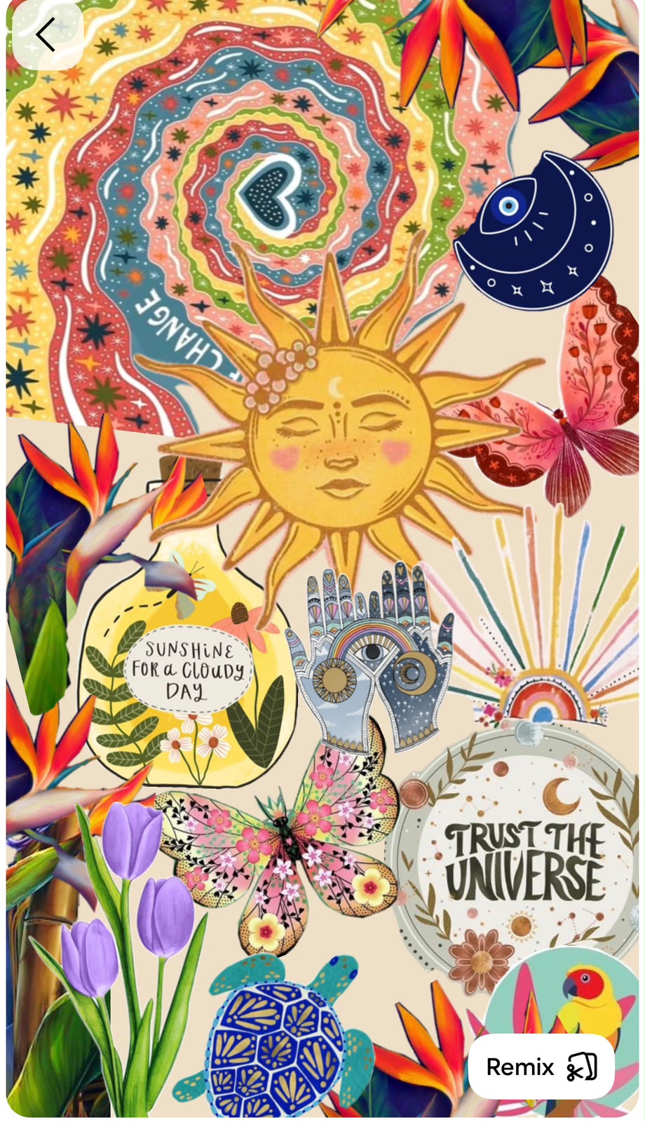 Collage de ilustración boho celestial con un sol dorado, mariposas y el lema confía en el universo