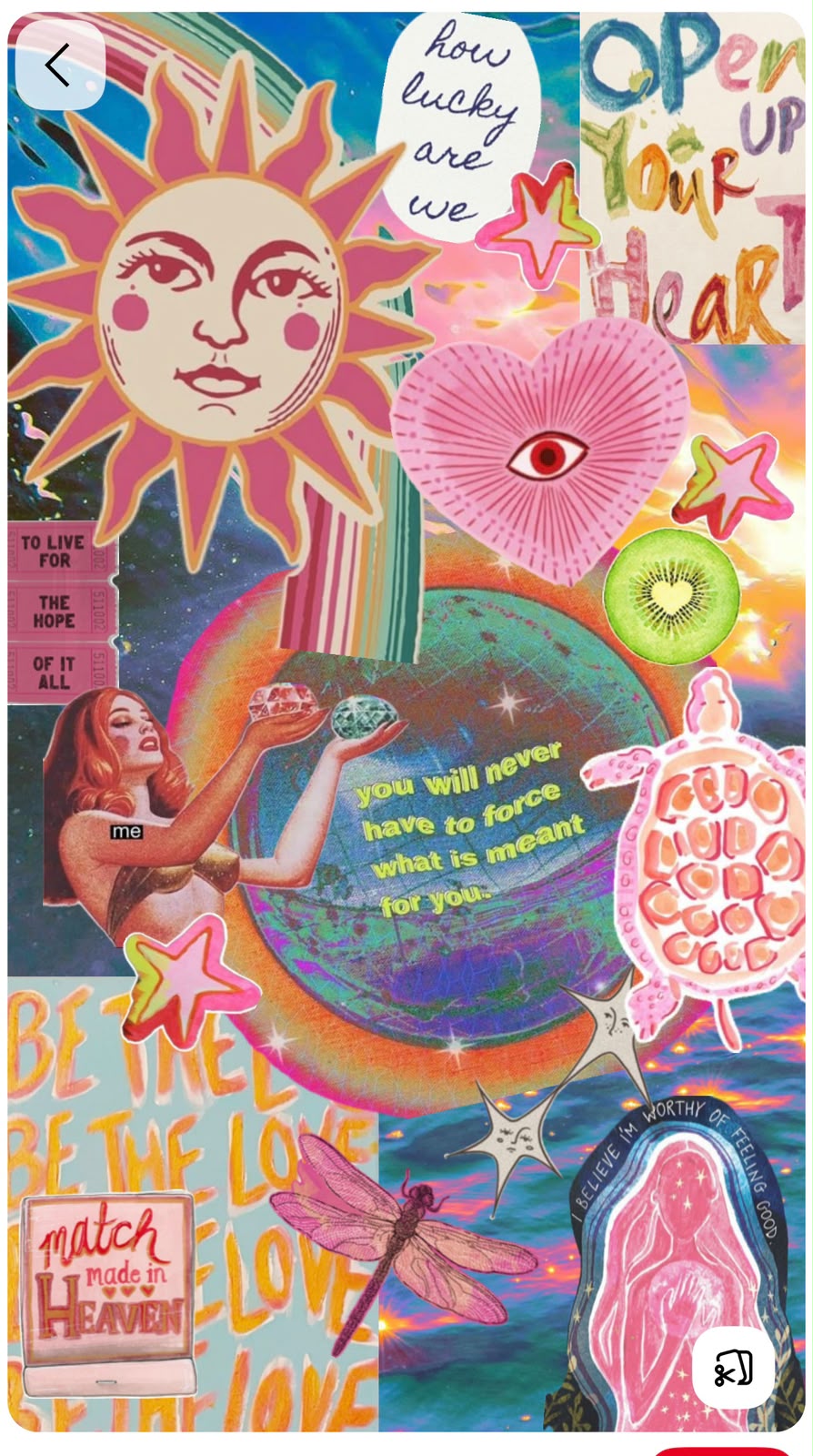 Collage rosa y arcoíris con una cara de sol, corazones, estrellas, una tortuga y el texto how lucky are we