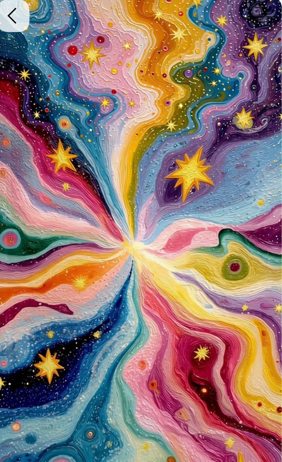 Pintura de remolino arcoíris que irradia desde un centro brillante, salpicada de estrellas doradas